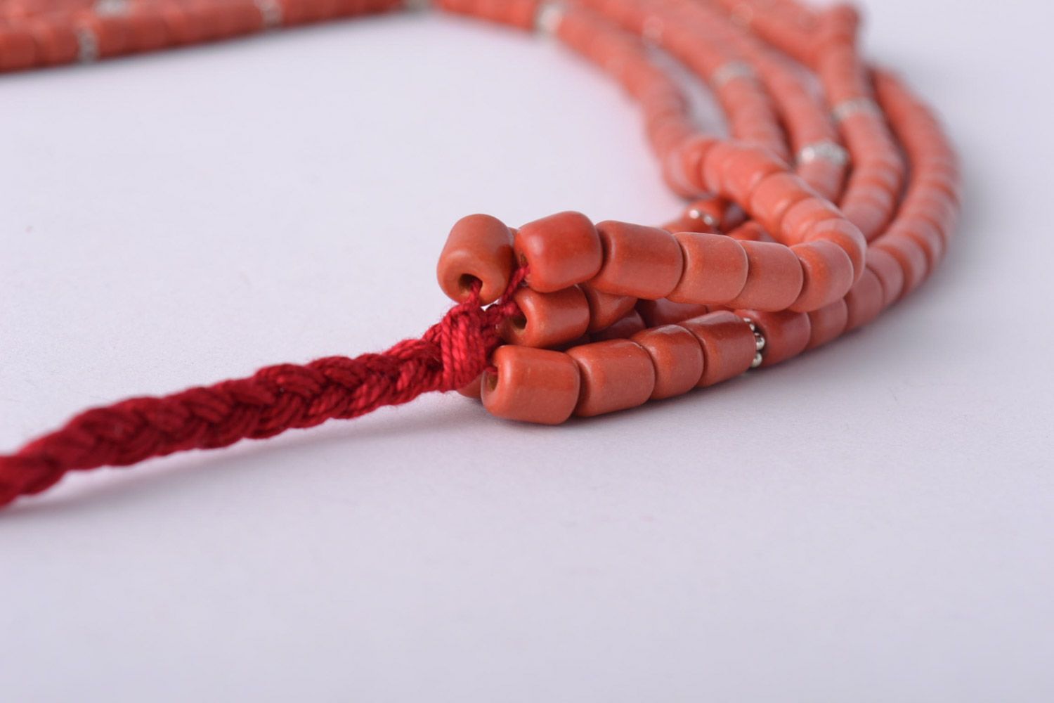 Handmade stylish multi row ceramic bead necklace of red color in ethnic style photo 2