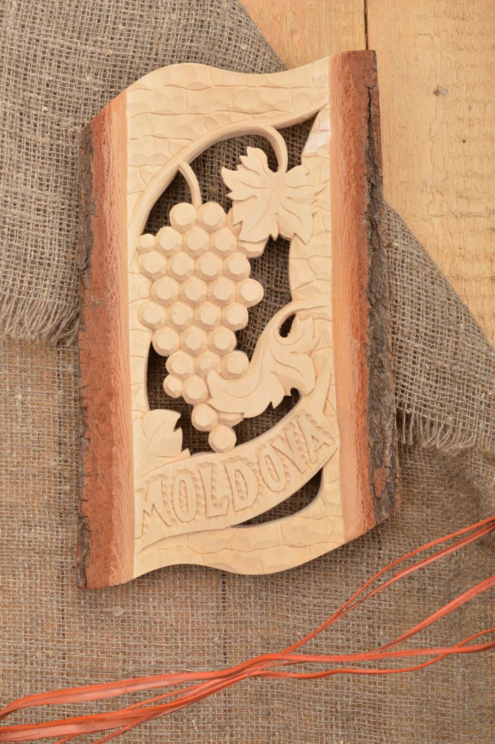 Handmade wall panel made of wood with depiction of grapes bunch for decor photo 1