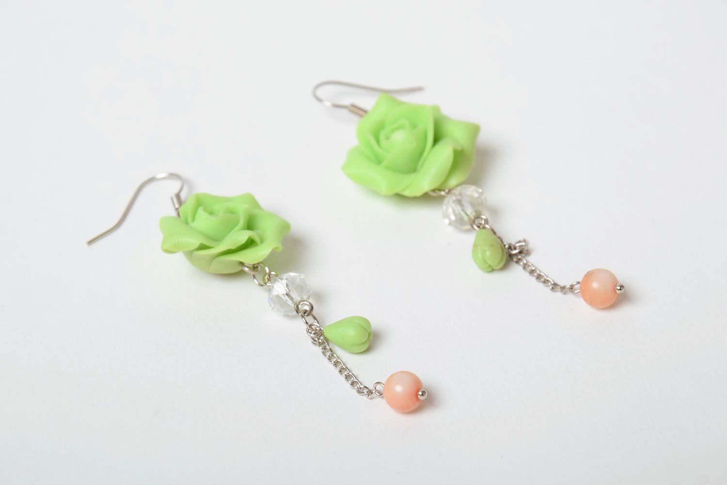 Beautiful handmade polymer clay flower earrings of lime color elegant jewelry photo 5