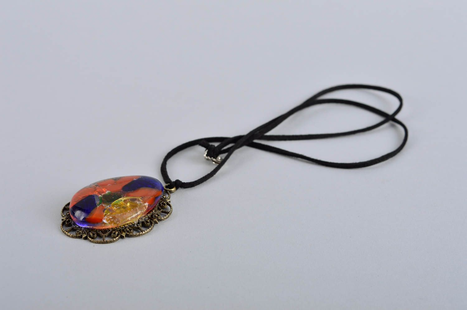 Handmade designer glass pendant unusual colorful jewelry cute accessory on lace photo 4