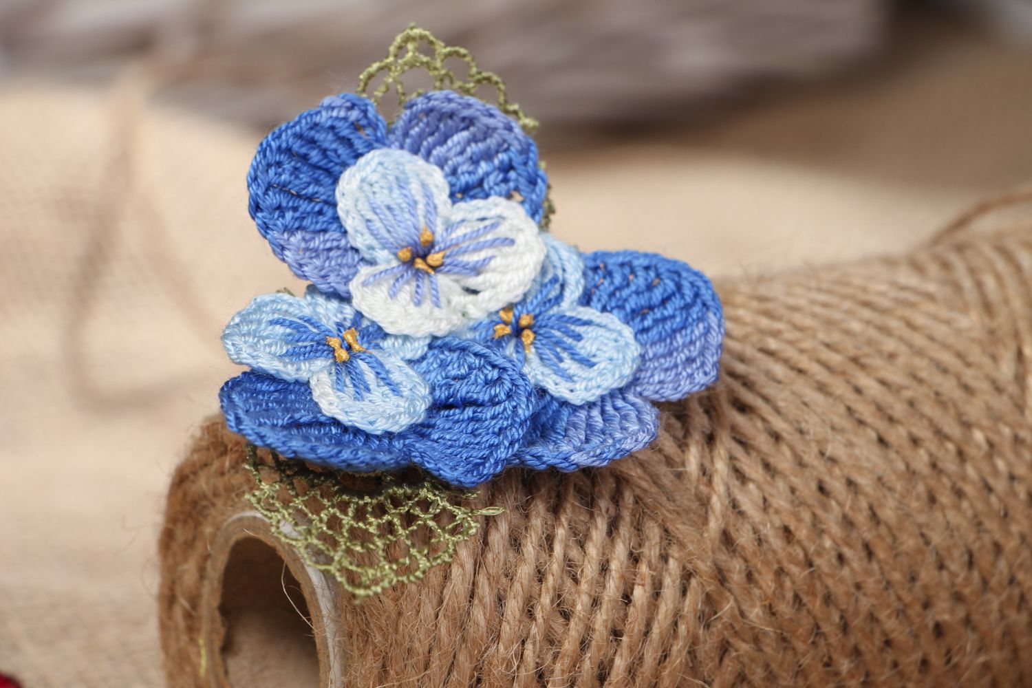Blue crochet brooch with flowers photo 5