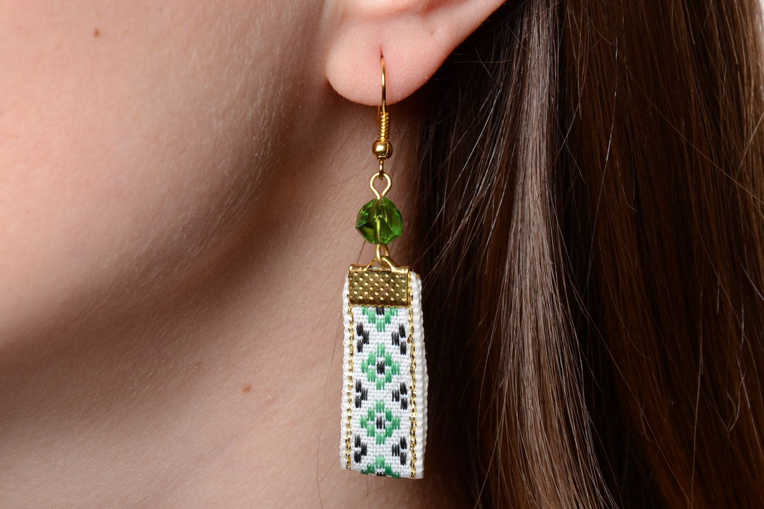 Handmade lace earrings with beads in ethnic Ukrainian style for women photo 5