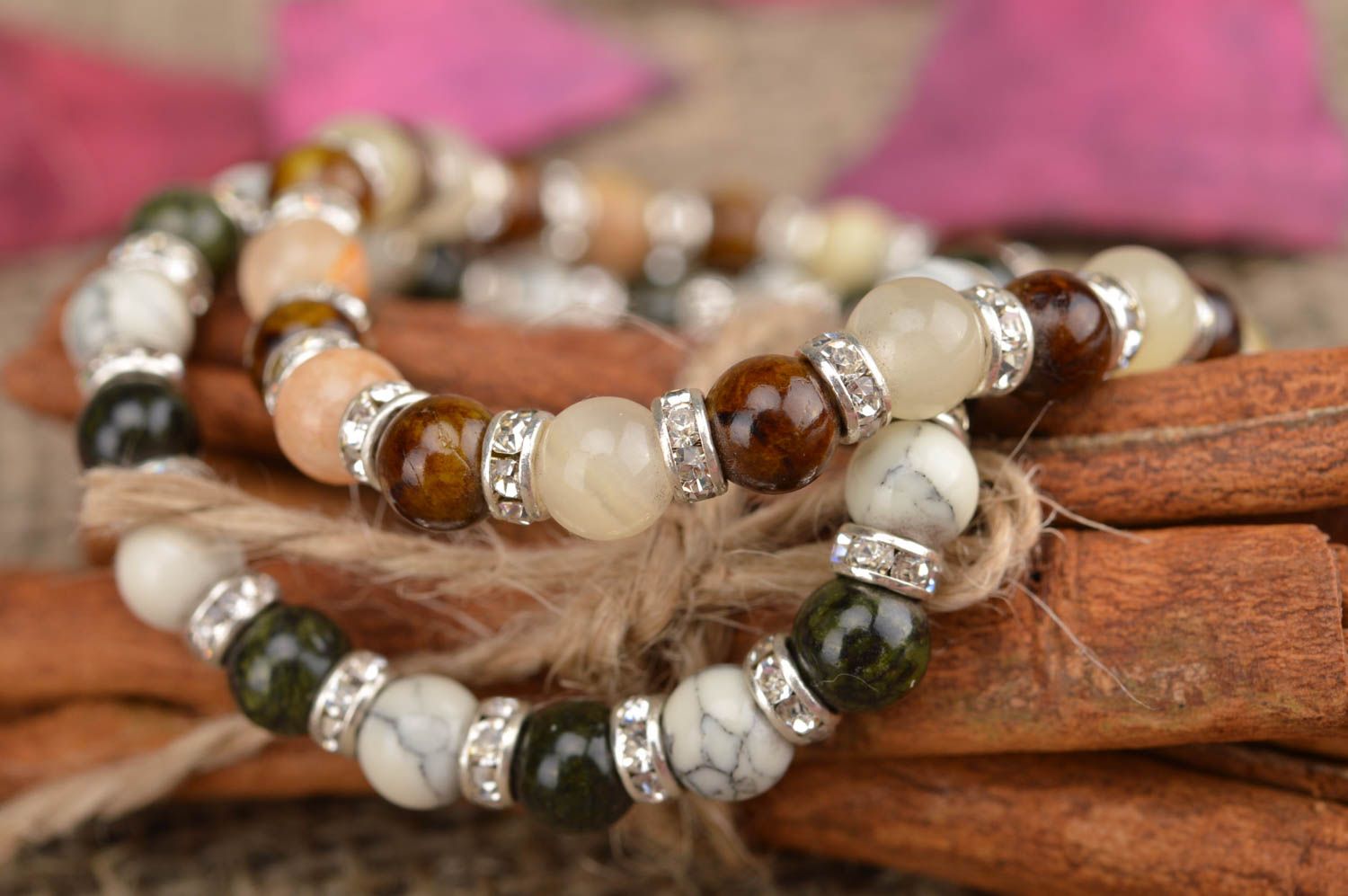 Handmade cute set of bracelets made of beads 2 items stylish accessories photo 1