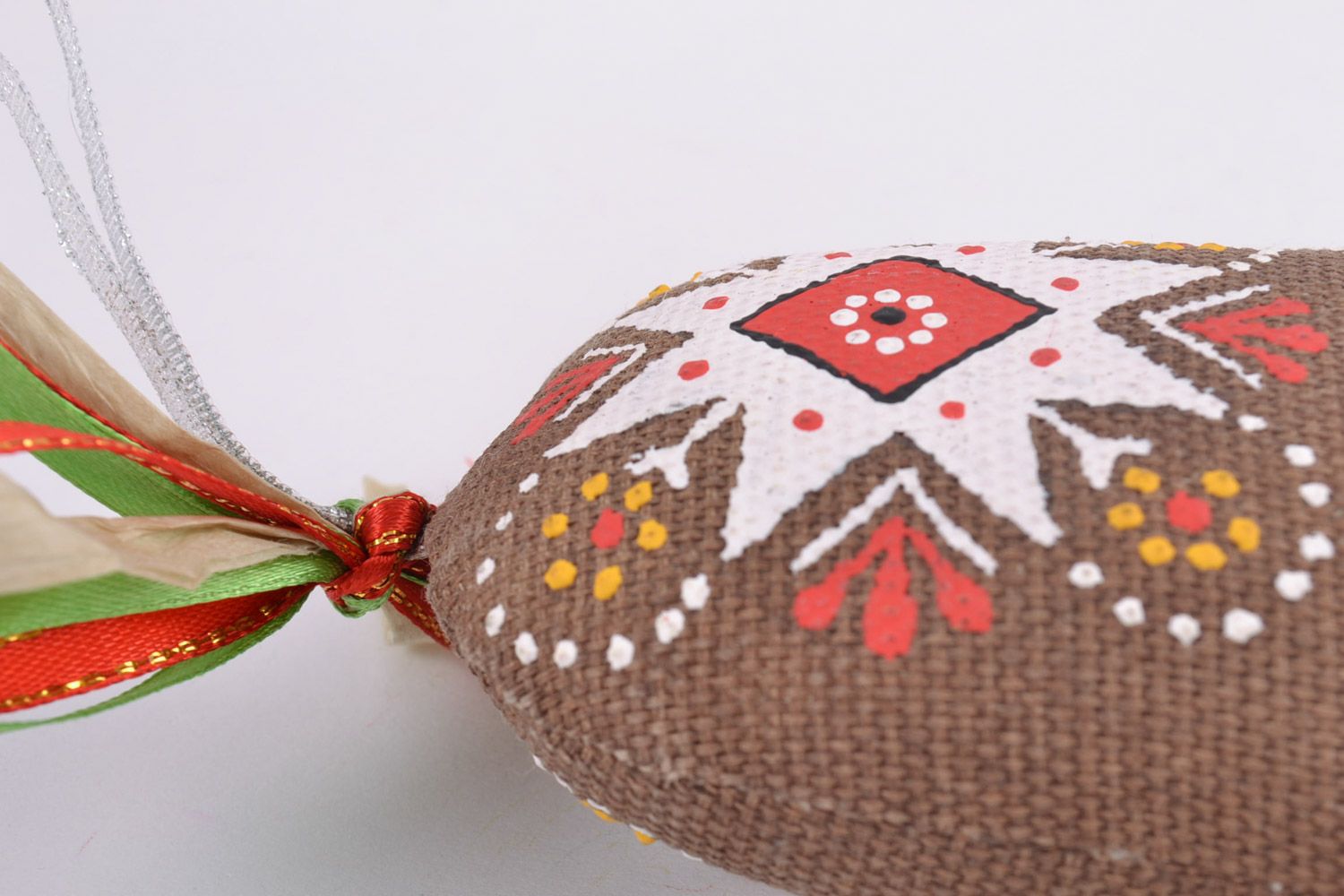 Homemade decorative fragrant soft bell sewn of fabric and painted with ornaments photo 2