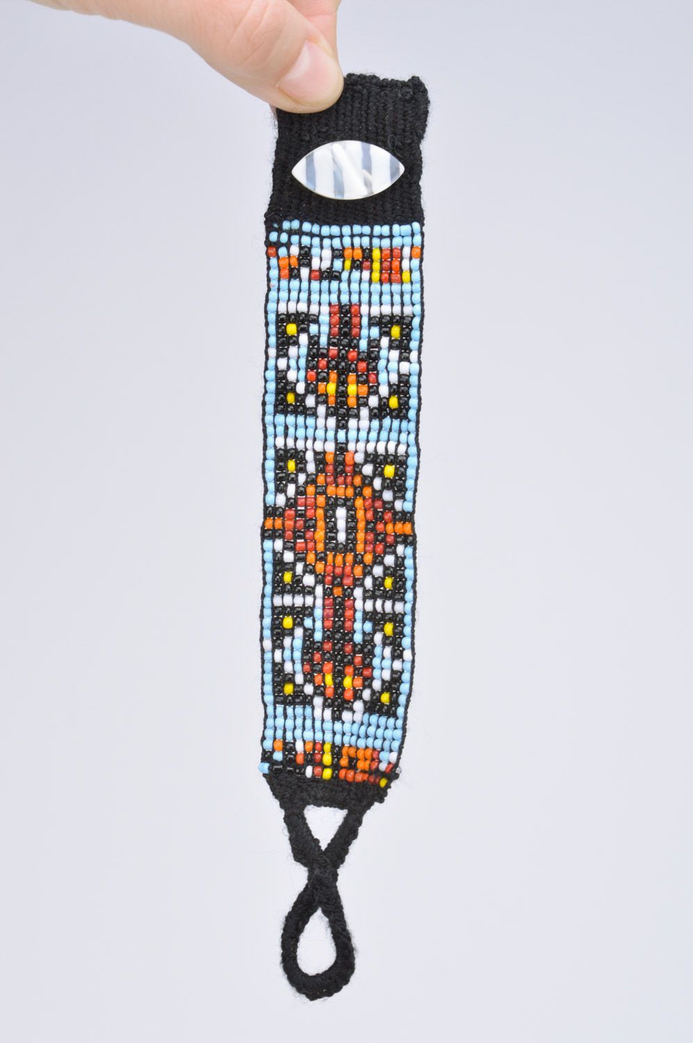 Black handmade wide beaded wrist bracelet with ornament for women photo 3