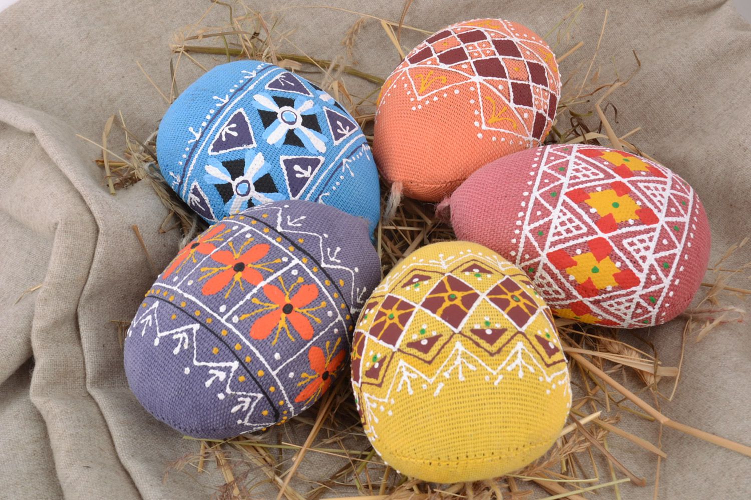Set of 5 handmade decorative colorful soft ornamented Easter eggs sewn of fabric photo 1