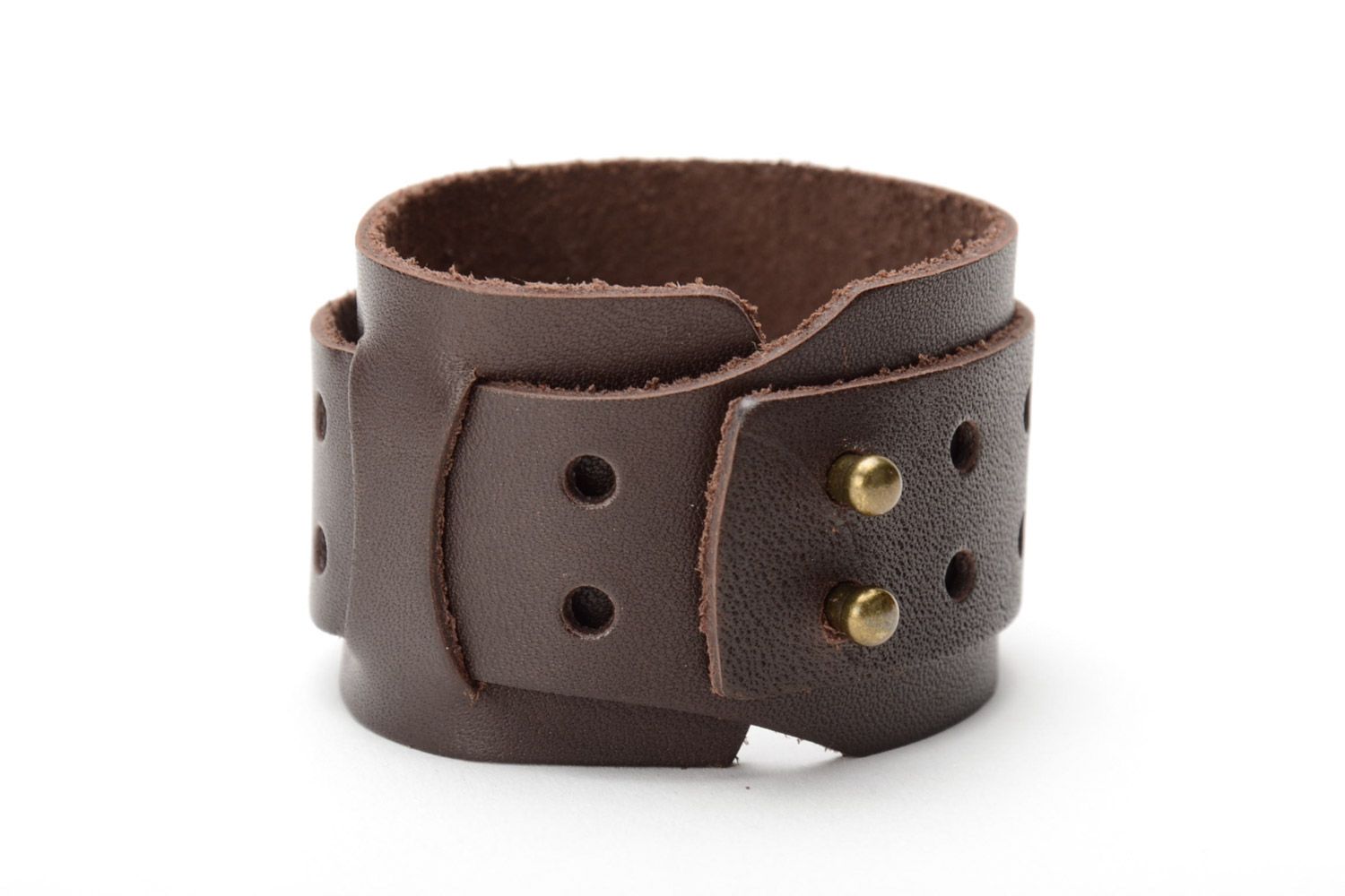Handmade massive genuine leather wrist bracelet of brown color with metal elements photo 3