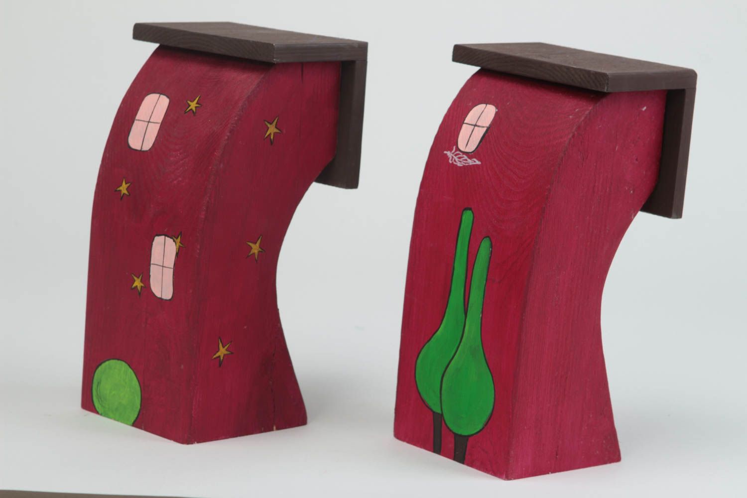 Деревянные фигурки домики набор из 2 изделий красные красивые ручной работы фото 3