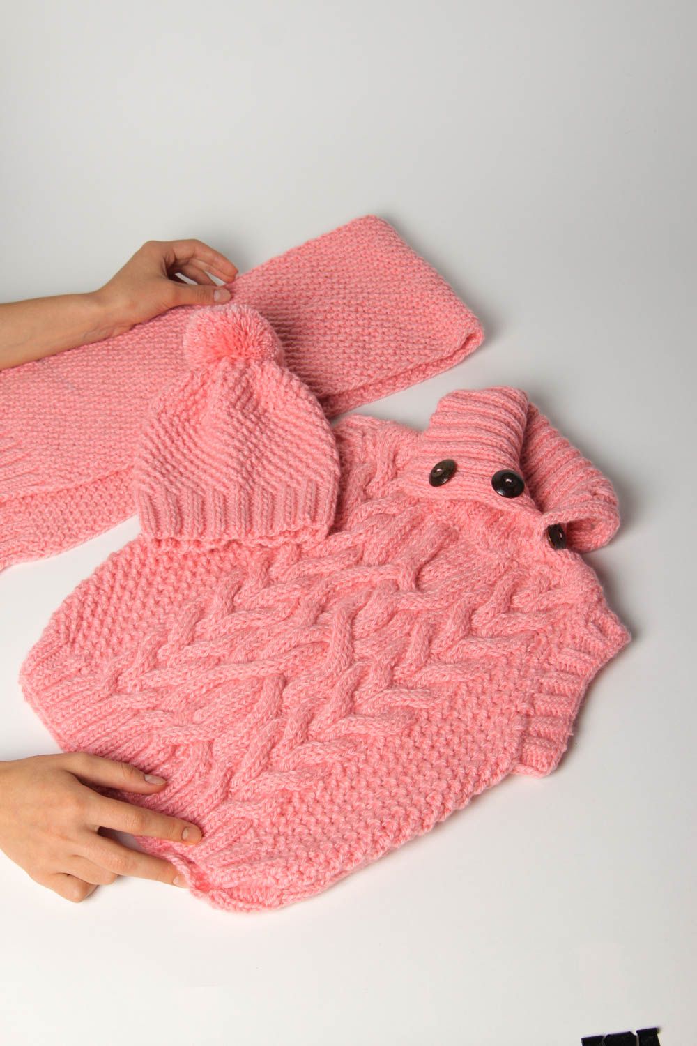 Designer vest pink winter scarf knitted hat handmade clothes for children photo 2
