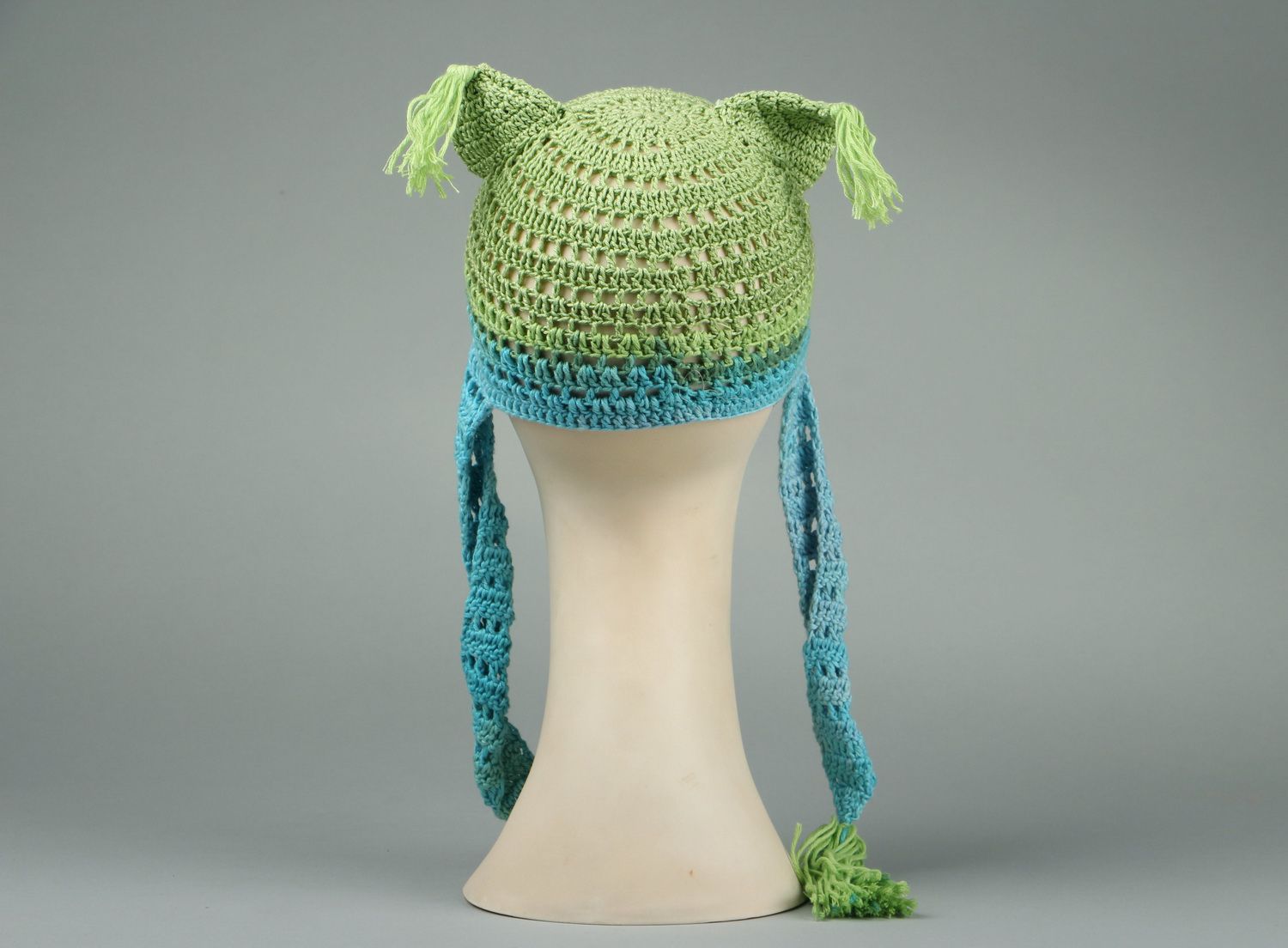 Hat crocheted from cotton threads Owl with ear flaps photo 4