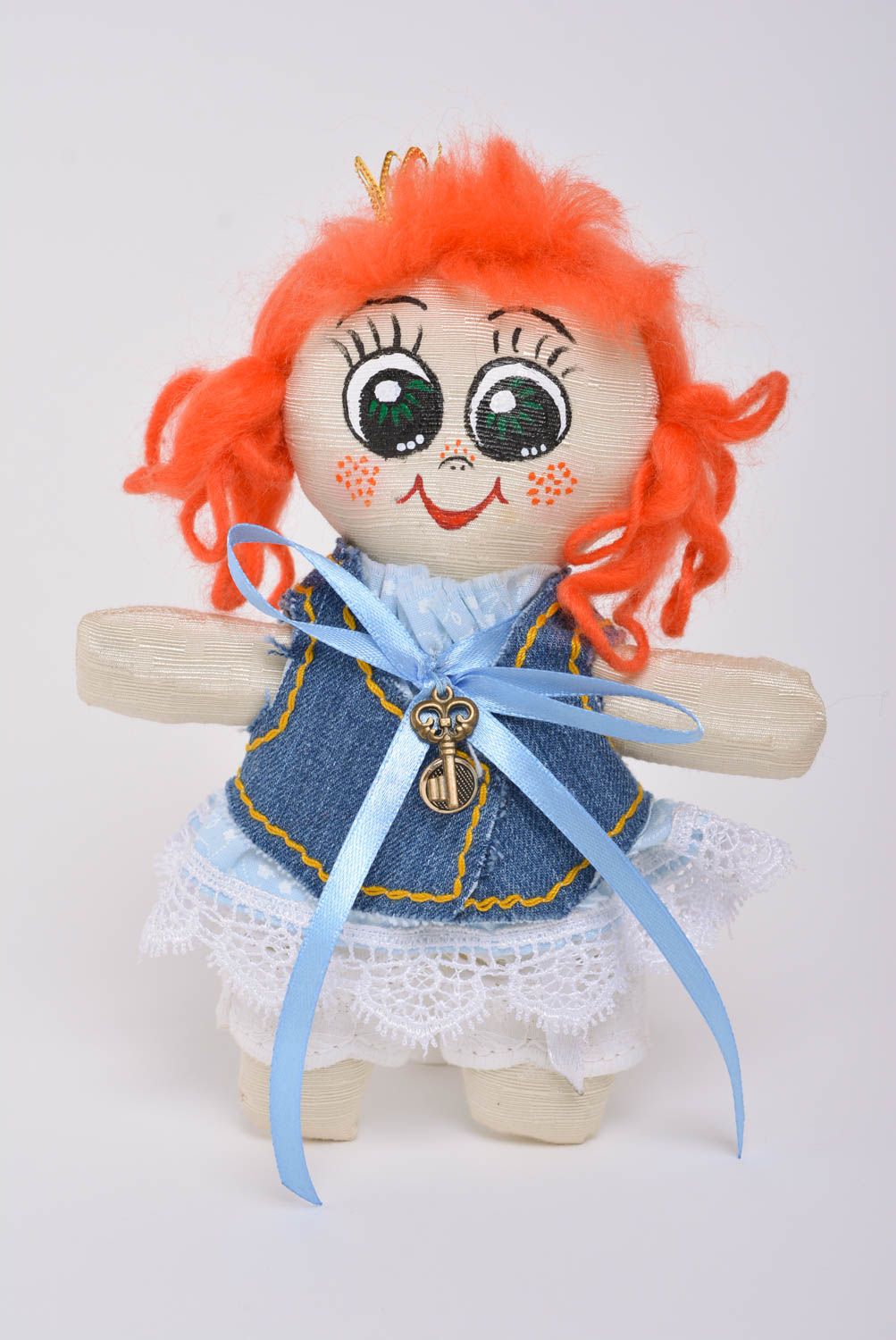 Handmade small fabric soft doll little princess in denim dress with ginger hair photo 1