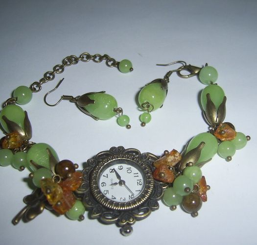 Conjunto de adornos de piedras naturales artesanal Verano reloj de mujer y pendientes foto 1