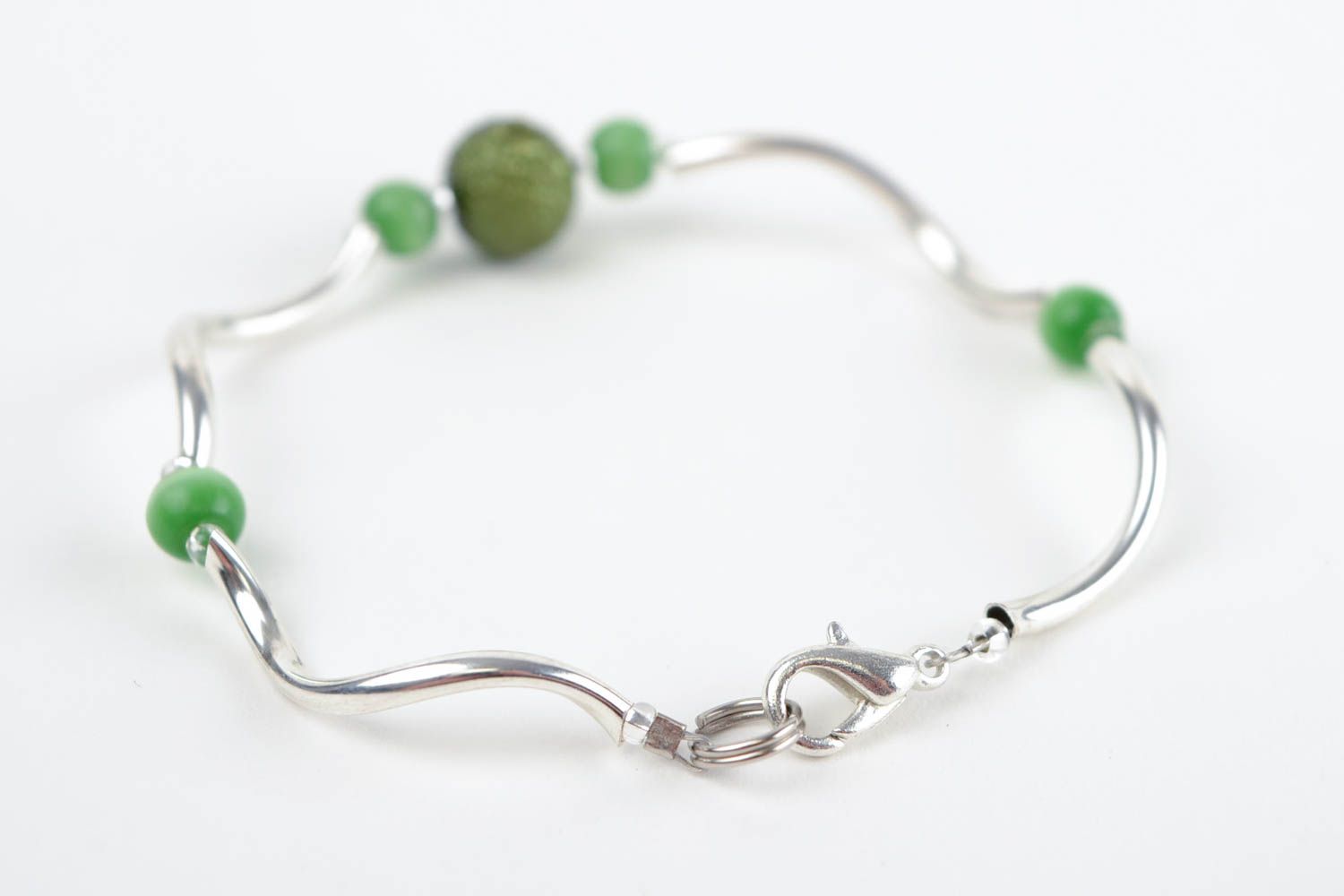 Unique elegant metal bracelet with green beads for a young girl photo 5