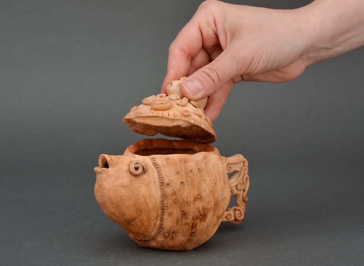 Clay teapot in the form of fish  photo 4