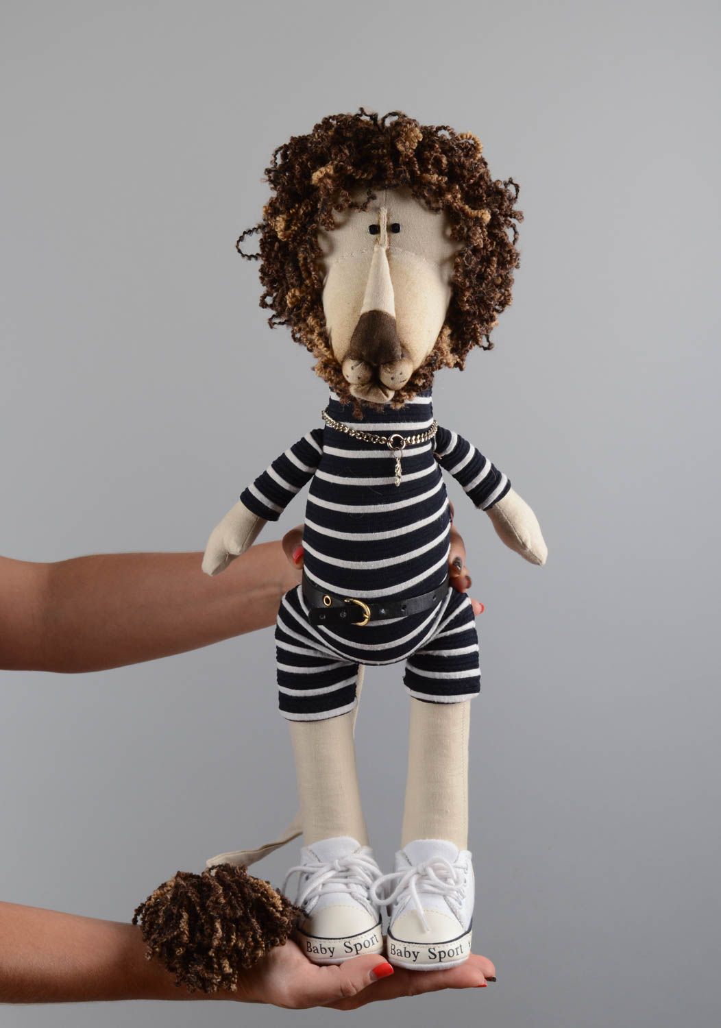 Handmade designer interior cloth soft toy lion in striped overall and white vans photo 5