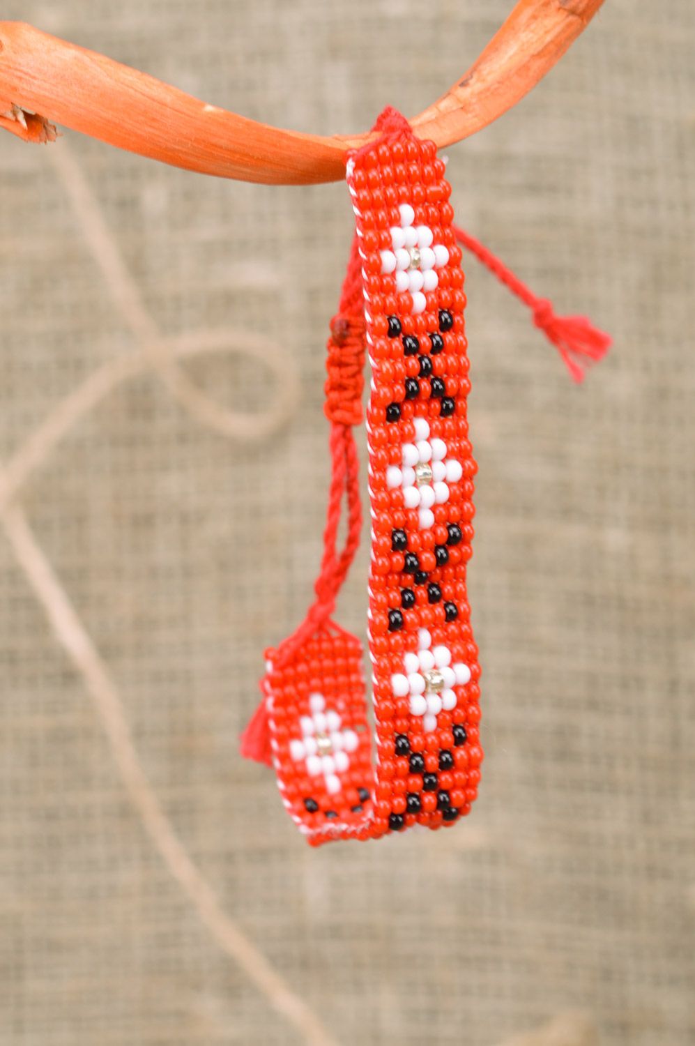 Beautiful red handmade wide woven Czech bead bracelet with ties photo 1