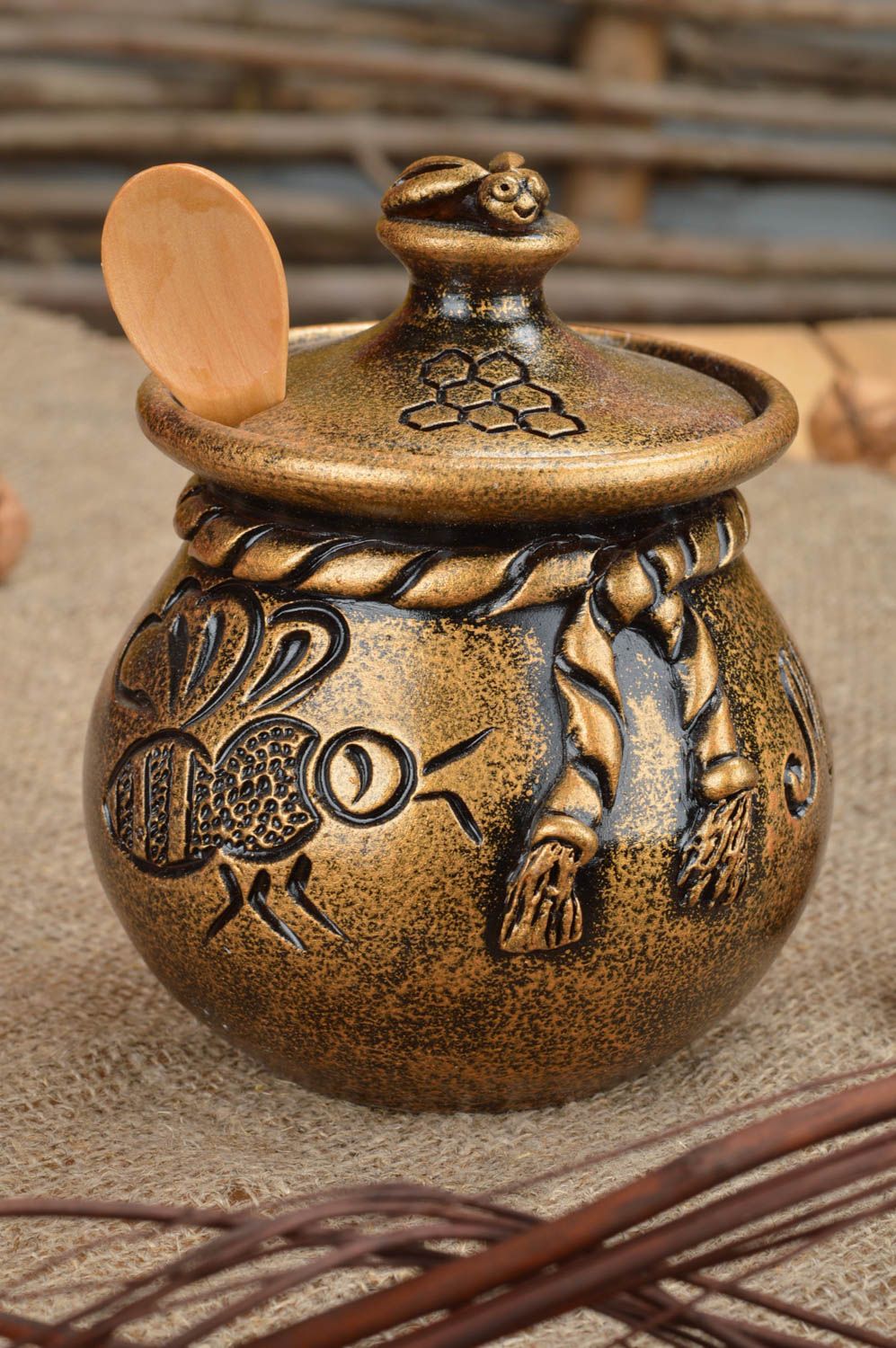 Pot à miel céramique avec couvercle fait main peint original 30 cl photo 1