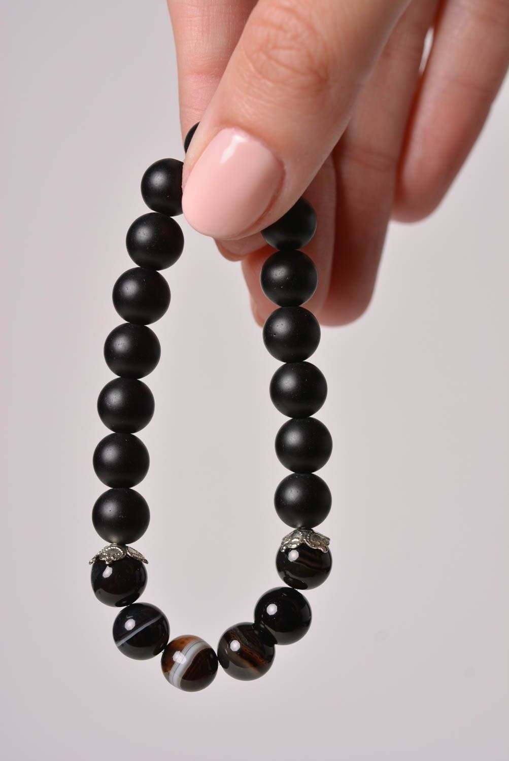 Handmade laconic wrist bracelet with natural black agate stone beads for women photo 5