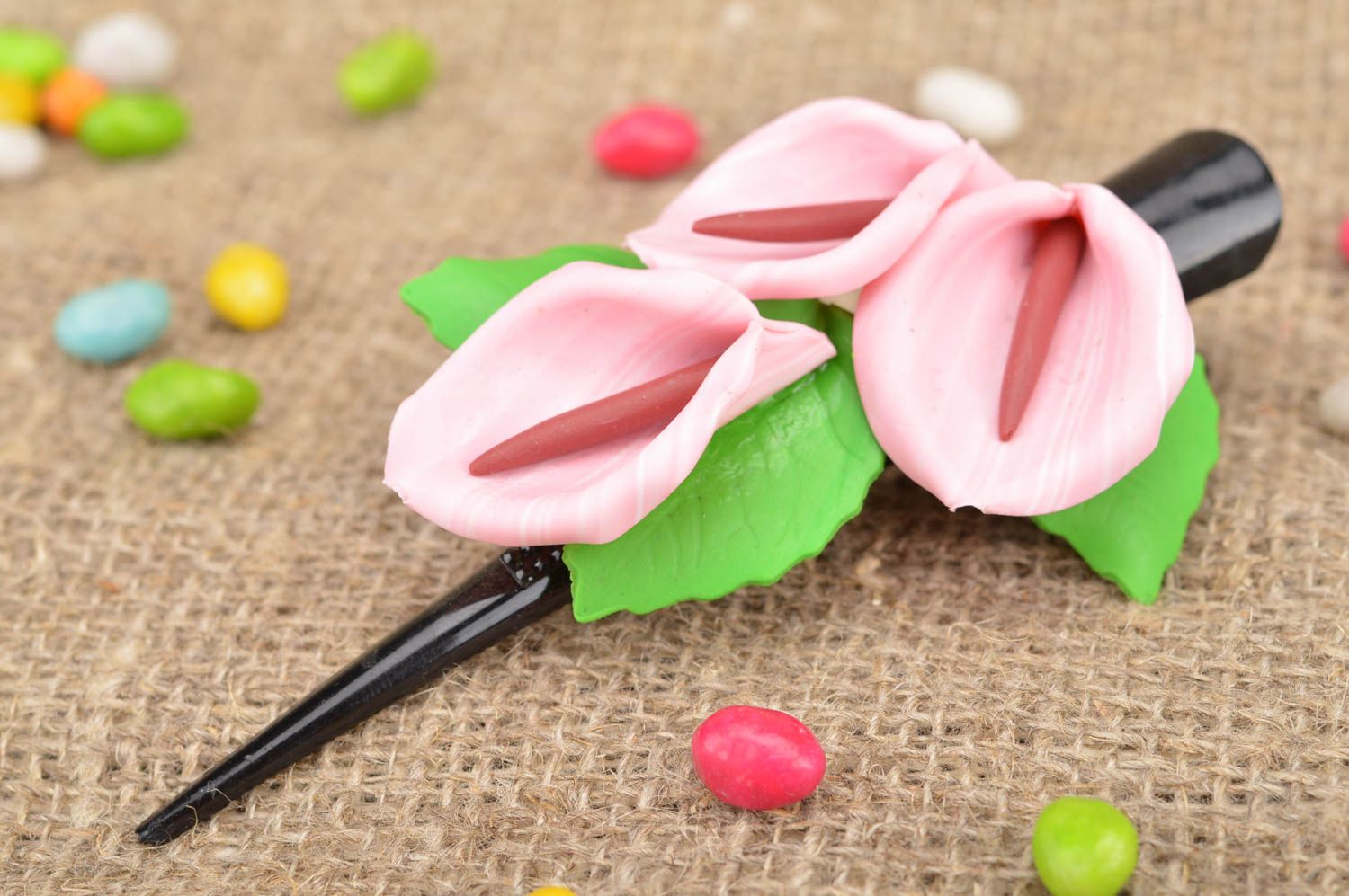 Beautiful homemade polymer clay flower hair clip with pink calla lilies photo 1