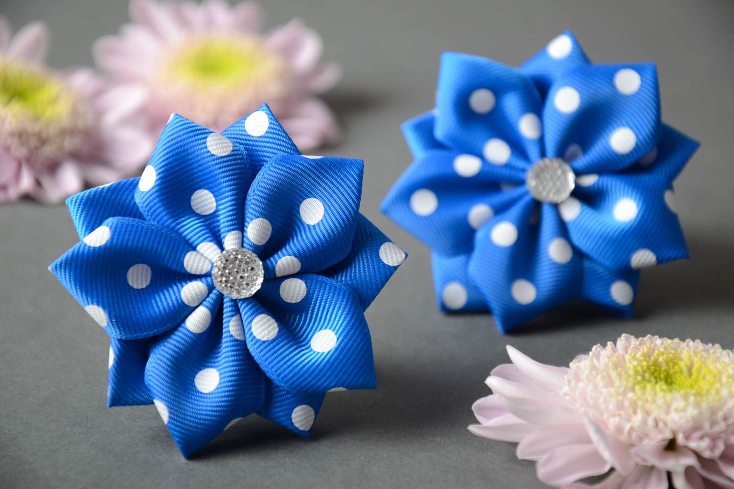 Set of 2 designer homemade hair ties with blue and white polka dot flowers photo 1