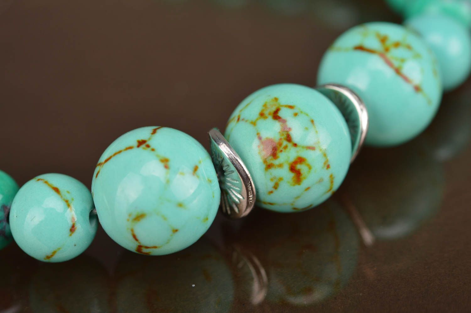 Handmade stylish bracelet on fishing line made of beads of turquoise color photo 3