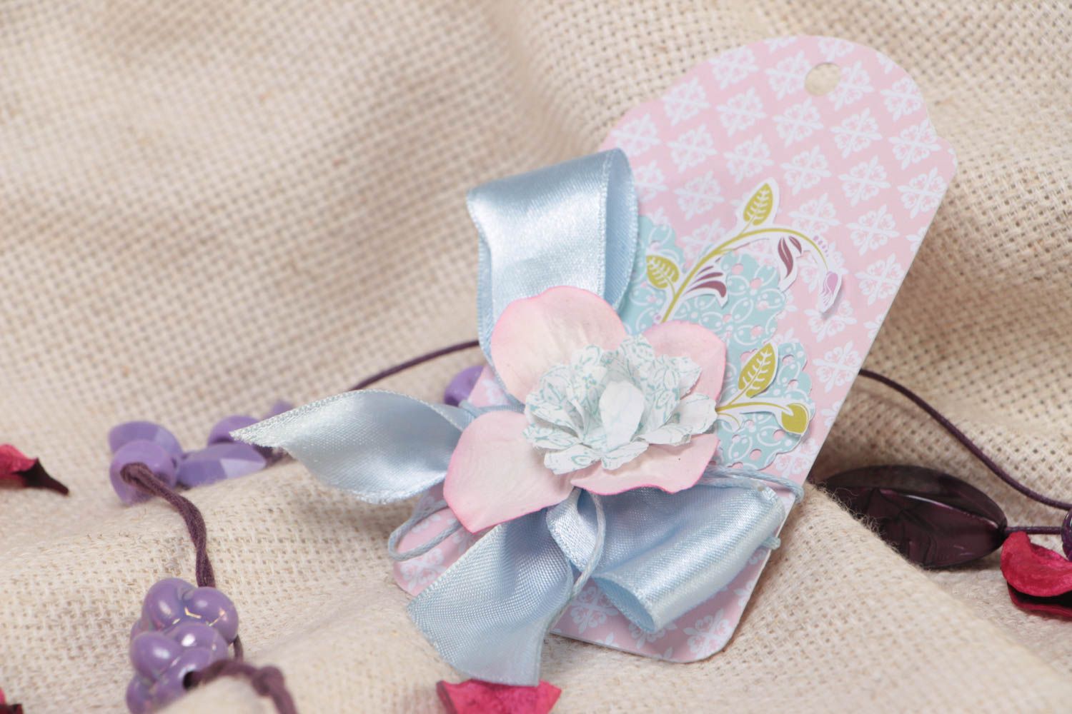 Beautiful small pink handmade scrapbooking gift tag with bow photo 1