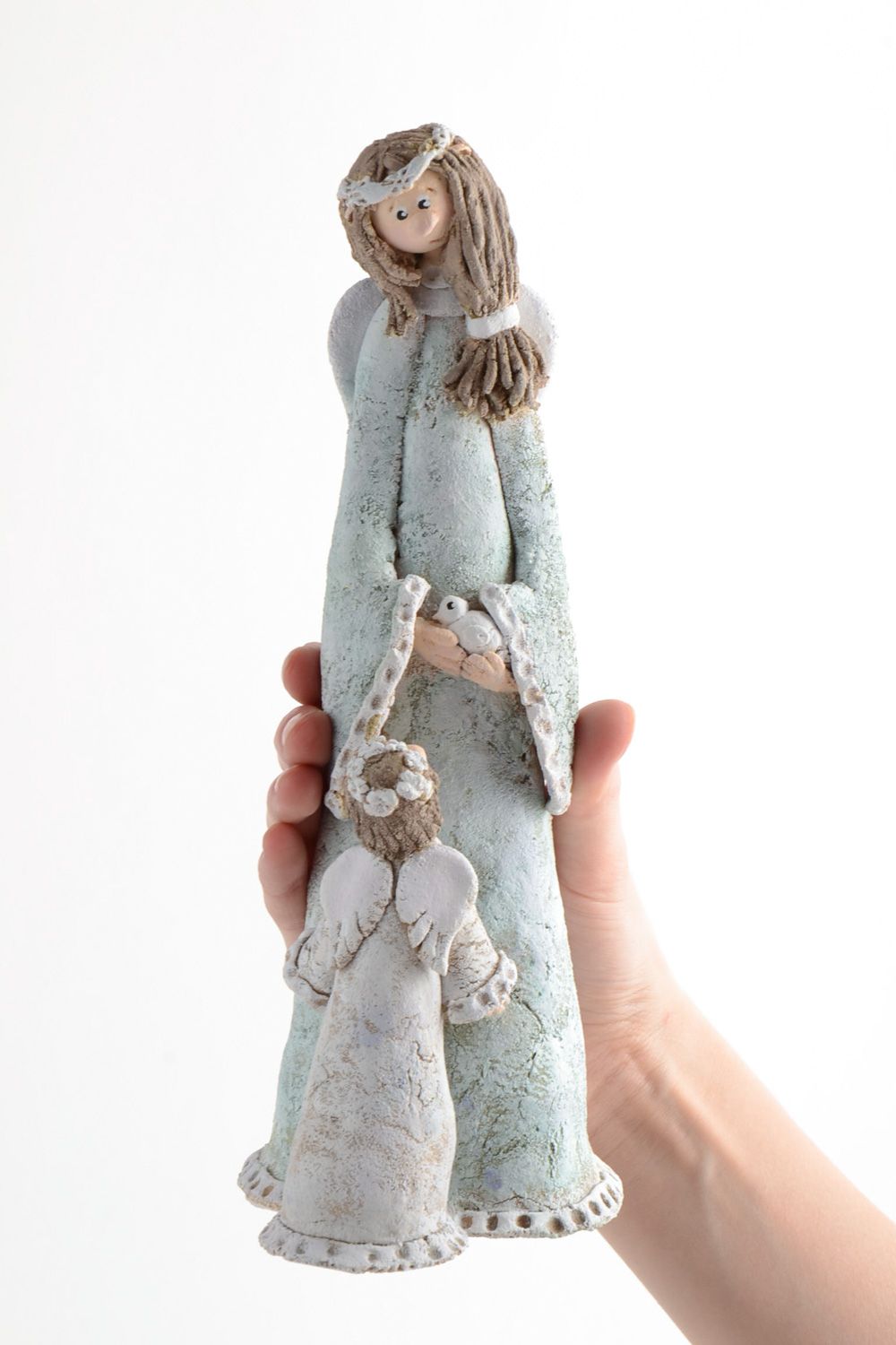 Unusual lovely statuette hand made of self-hardening clay Angel of Care photo 5