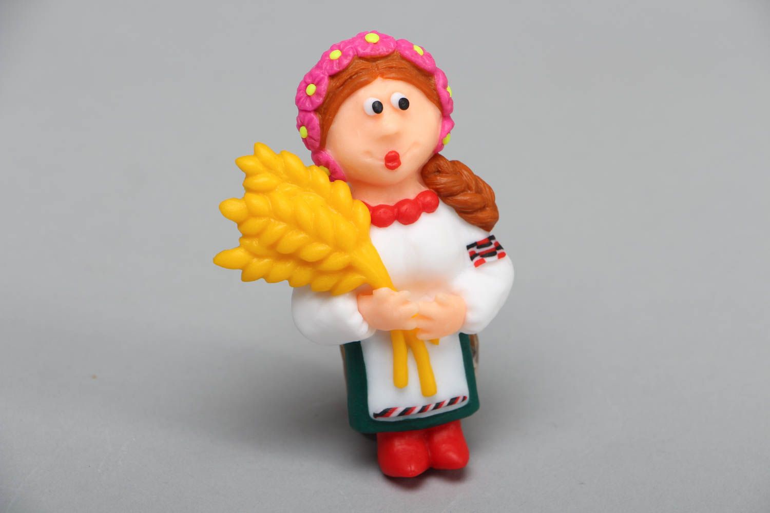 Unusual polymer clay fridge magnet Ukrainian Girl with Wheat photo 1