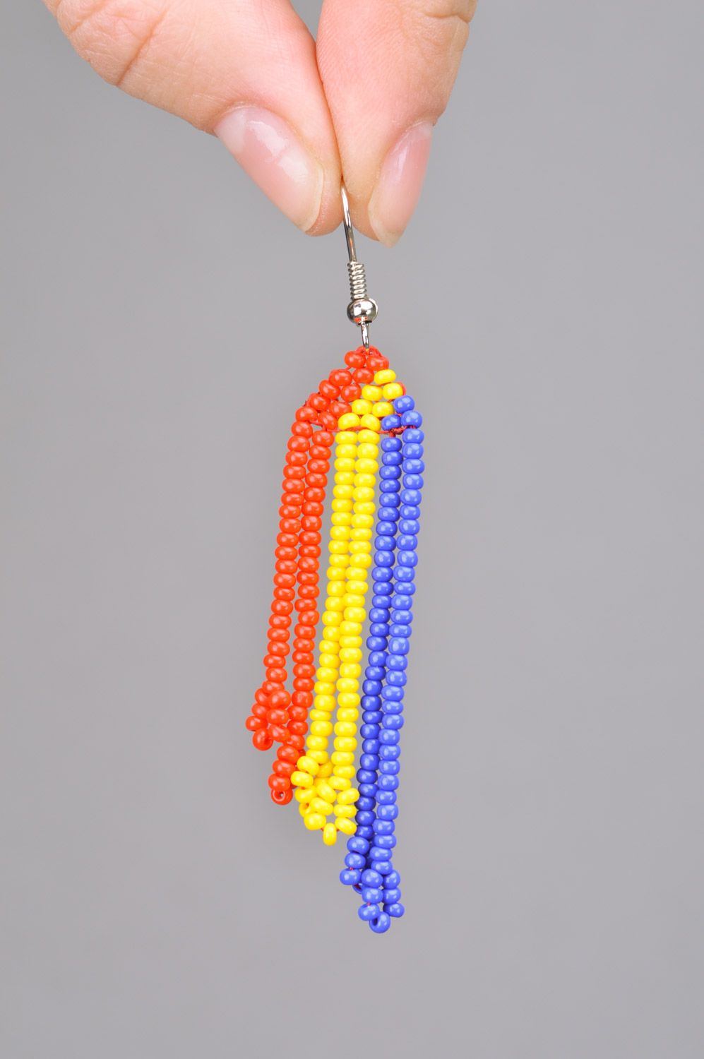 Handmade long bright beaded dangle earrings in yellow blue and red colors  photo 3