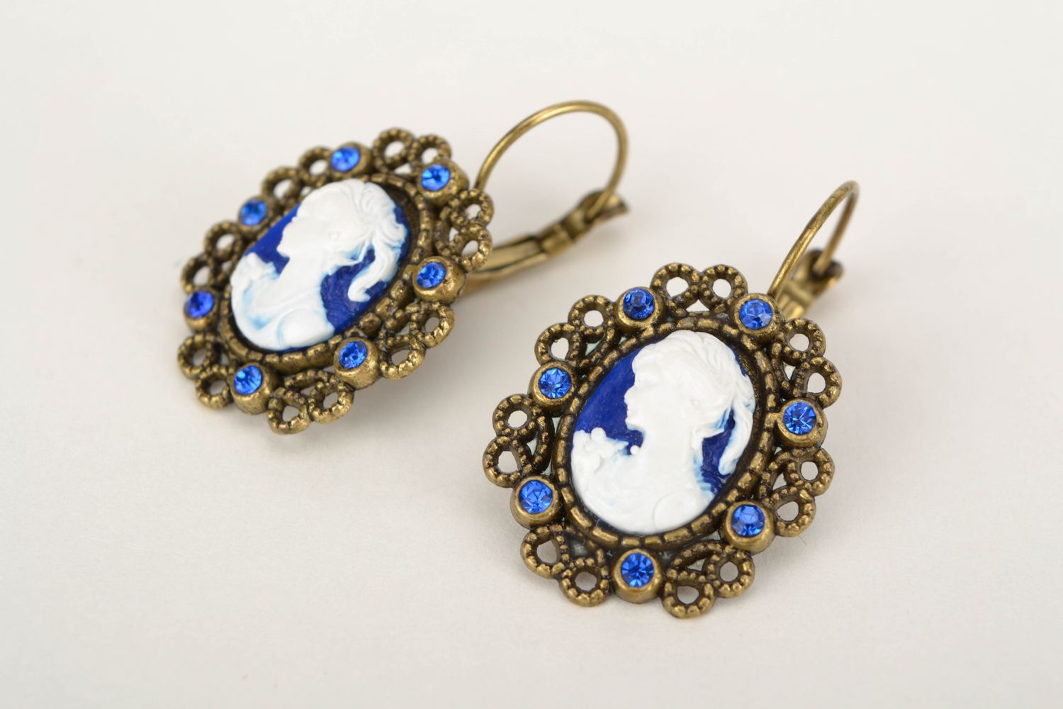 Polymer clay dangle earrings Blue Cameo
 photo 3