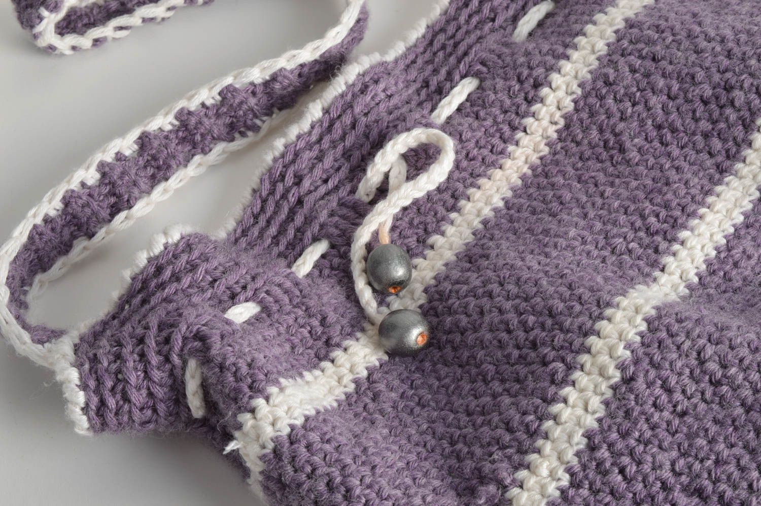 Small handmade designer women's crochet shoulder bag with long handle gray photo 1