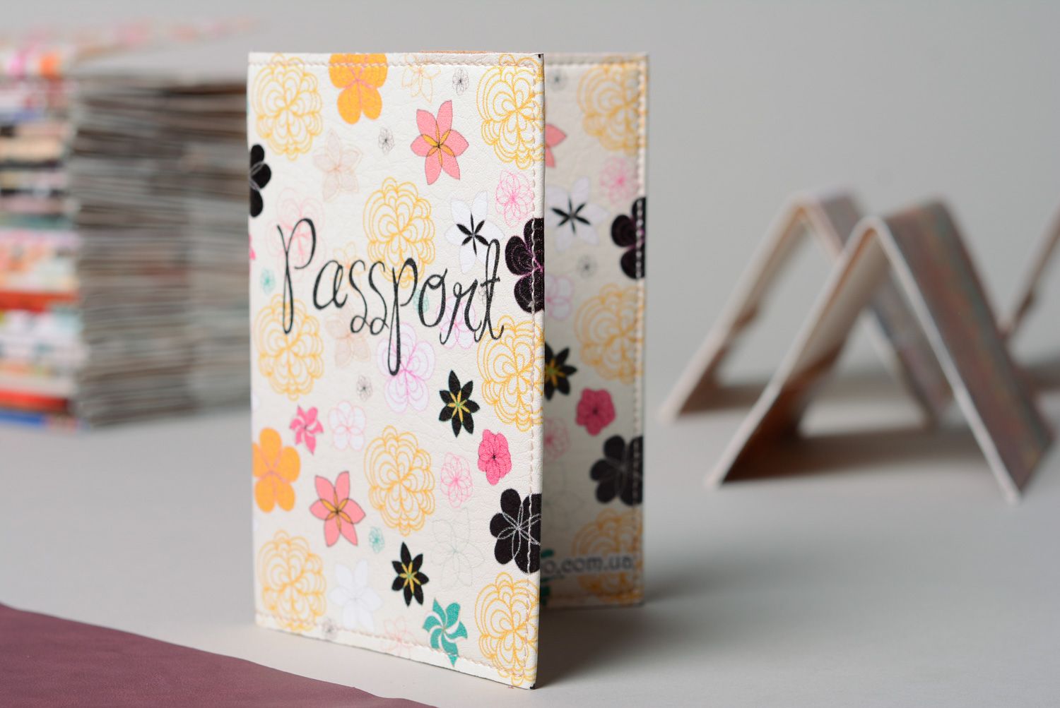Homemade leather passport cover with flower print photo 1