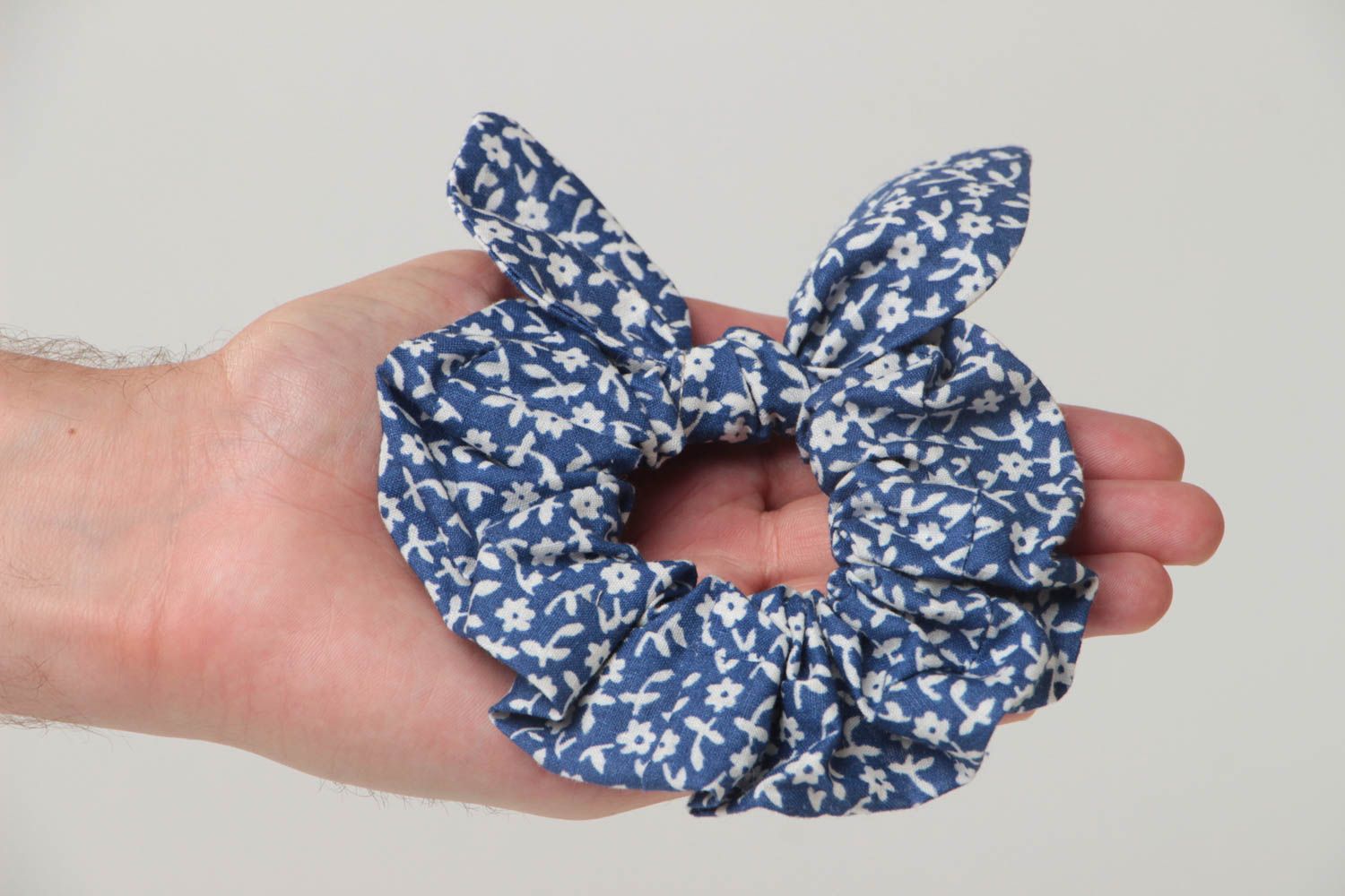 Handmade blue cotton fabric bunny ears scrunchy with floral print beautiful photo 5
