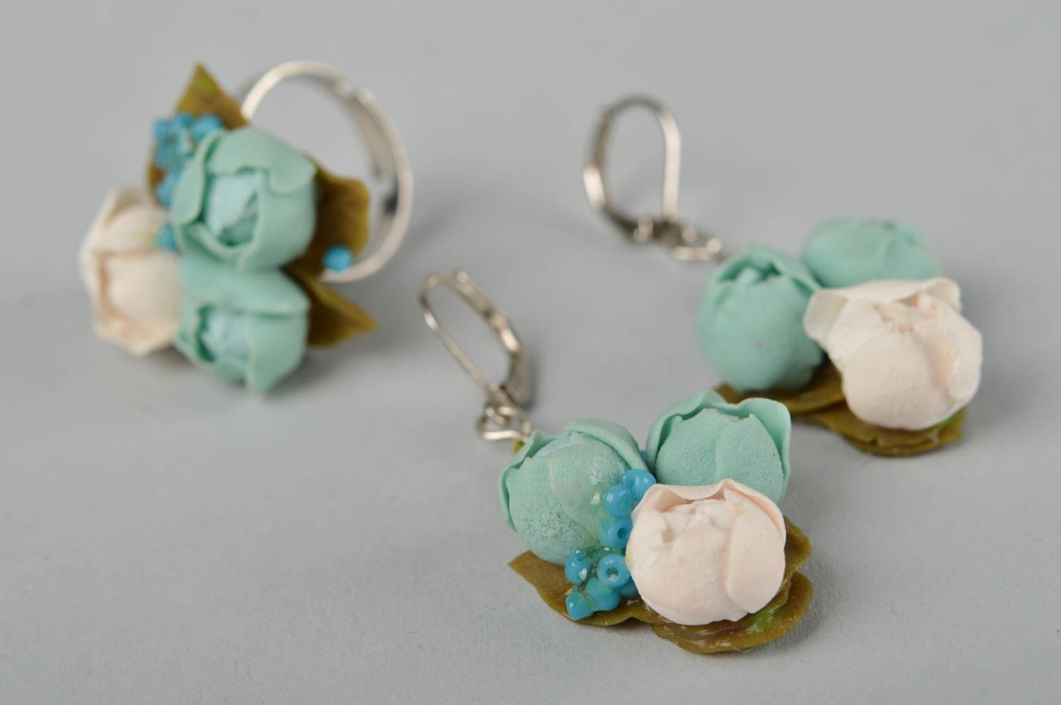 Set of handmade jewelry polymer clay jewelry long earrings stylish ring  photo 5