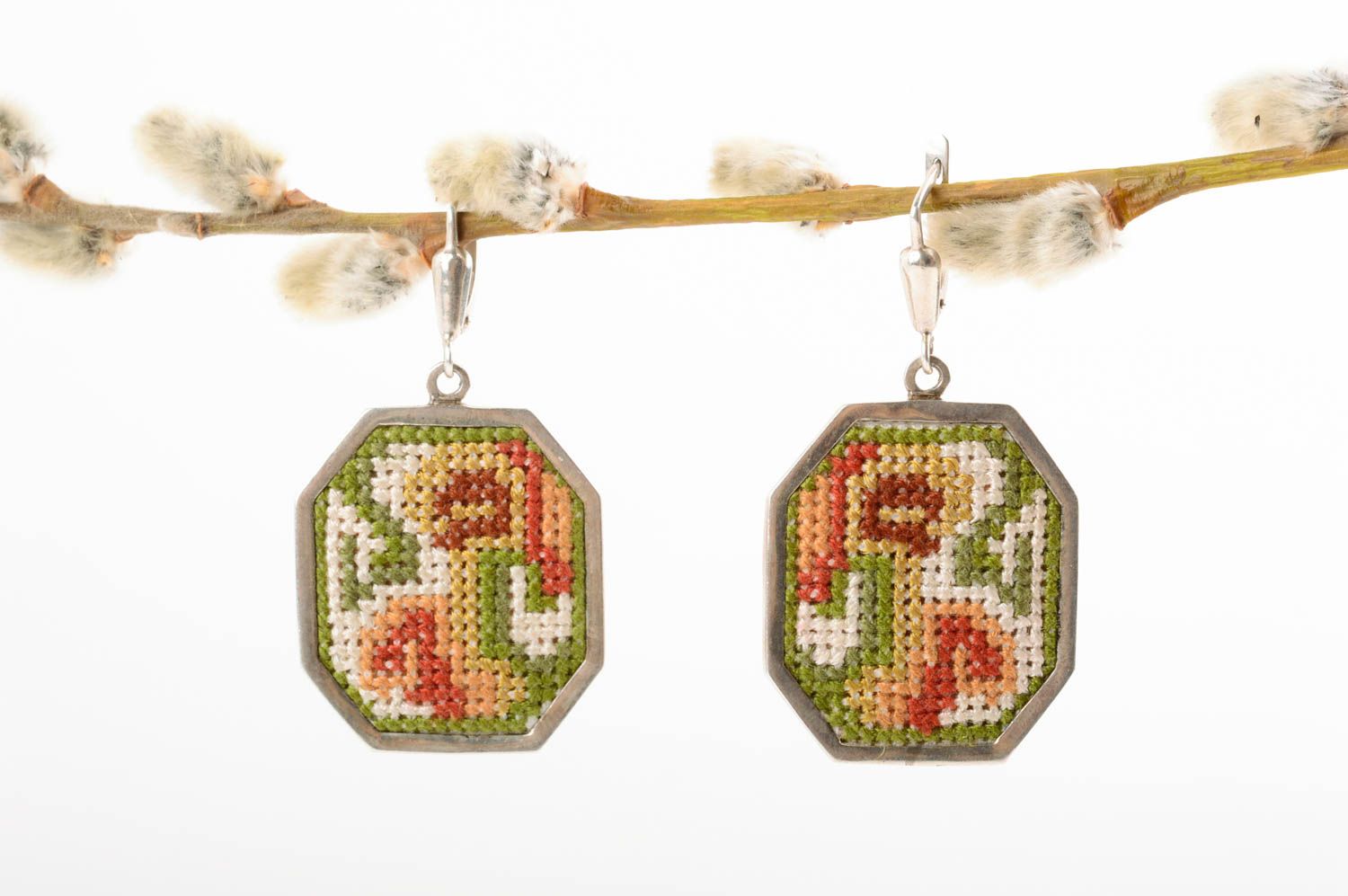 Female earrings with charms embroidered earrings handmade silver earrings photo 1