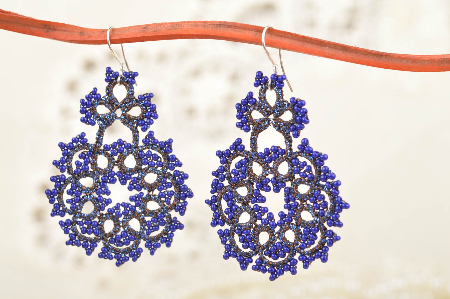 Beautiful blue handmade crohet lace earrings with beads tatting technique photo 1