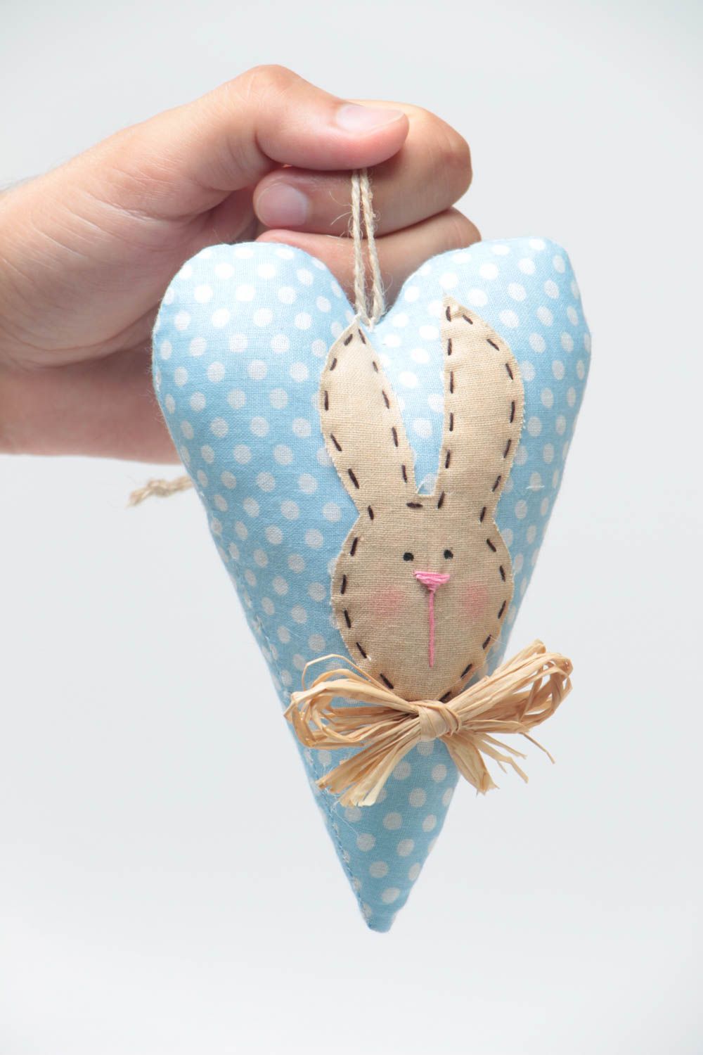 Handmade decorative blue polka dot fabric soft heart wall hanging with rabbit  photo 5