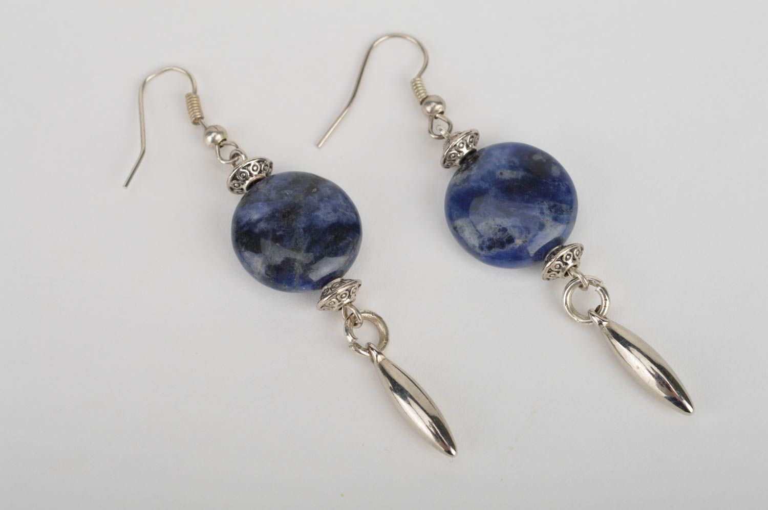 Beautiful homemade designer long metal earrings with blue beads photo 2