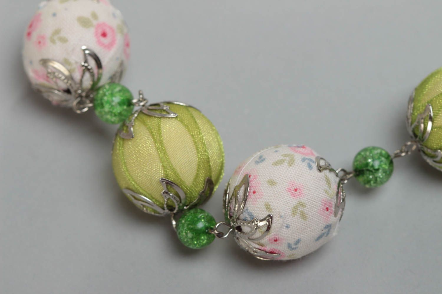 Green handmade children's textile ball necklace with organza ribbon  photo 3