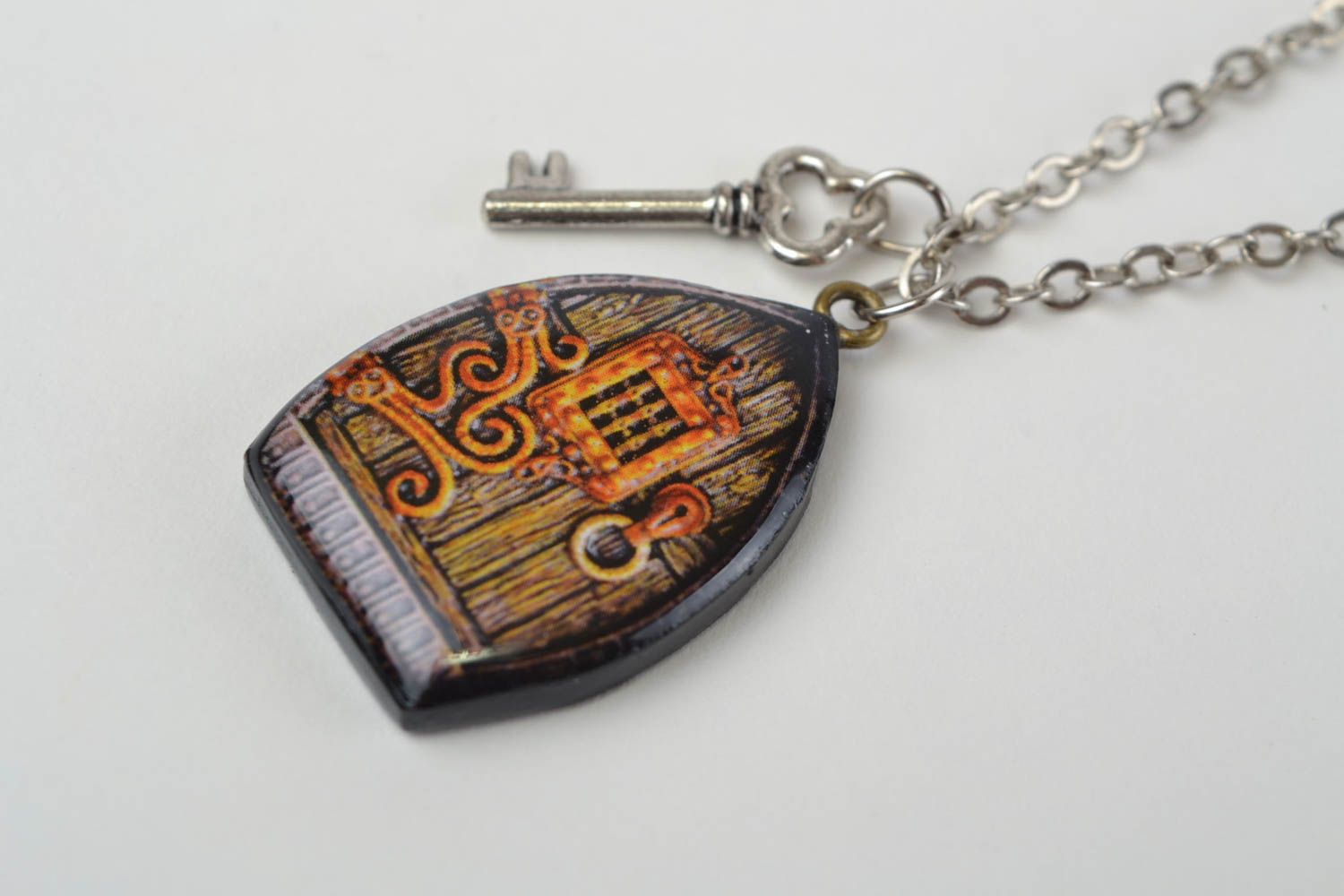 Handmade designer polymer clay brown pendant door with key on metal chain photo 3