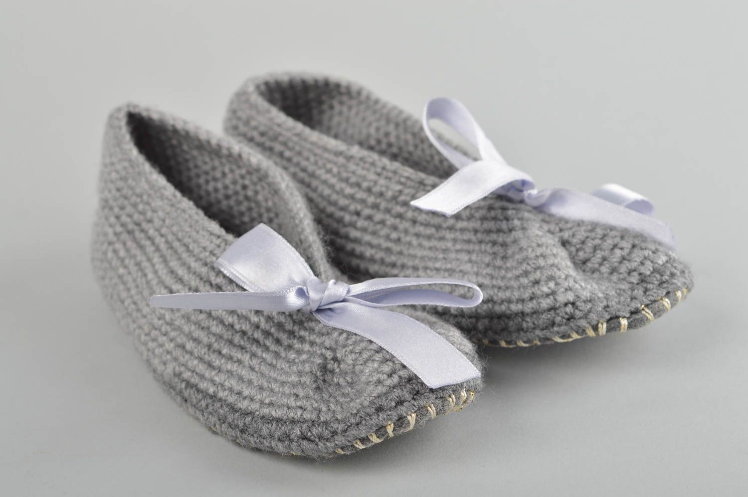 Pantoufles tricot Chaussons fait main crochet gris coton Accessoire femme photo 2
