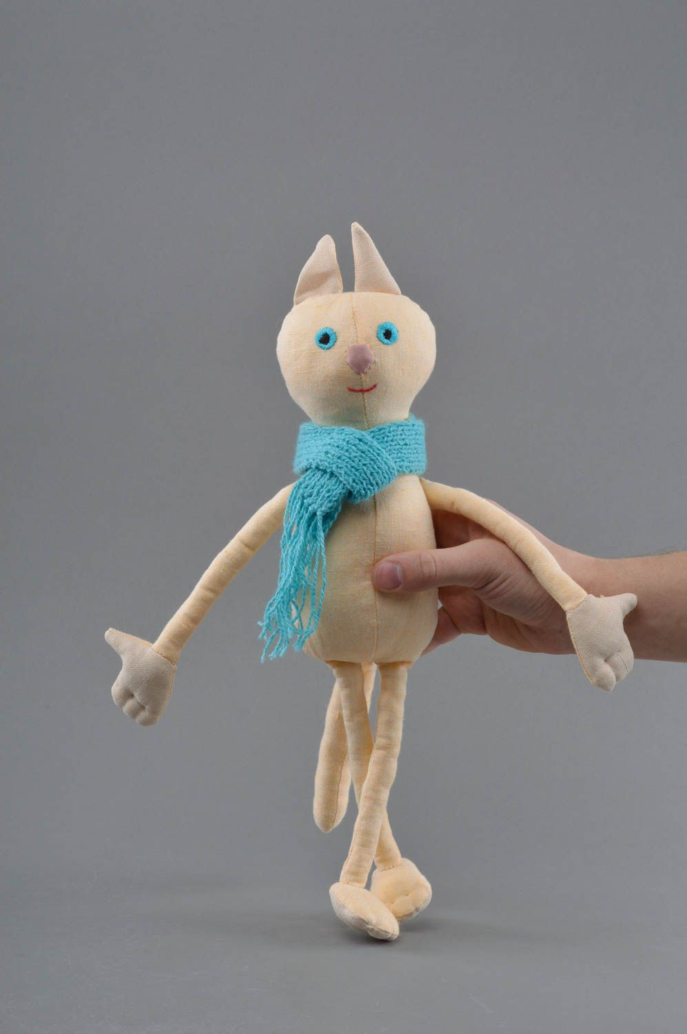 Soft fabric handmade toy for children made of linen cat with scarf home decor photo 4