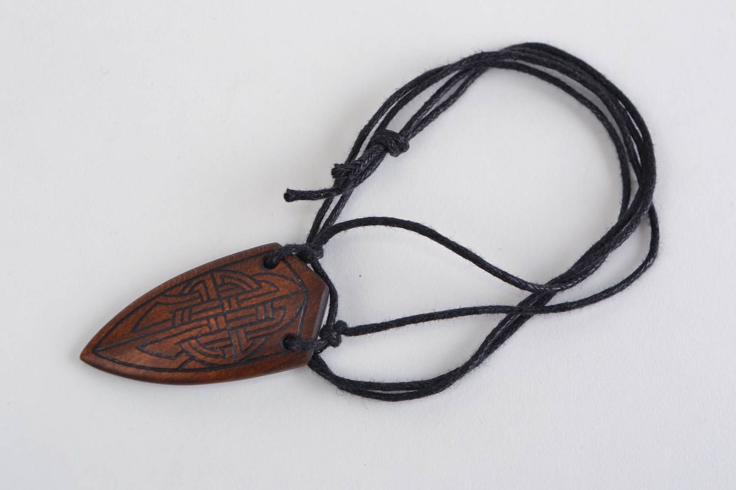 Handmade stylish ethnic wooden pendant with pyrography Shield on waxed cord photo 1