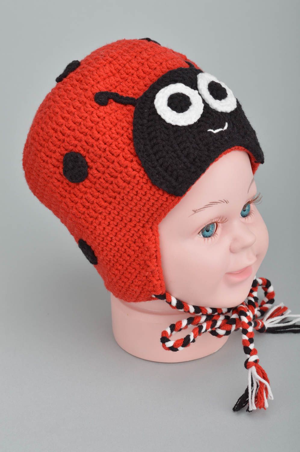Handmade accessory crocheted hat ladybug cap red and black colors gift for girl photo 4