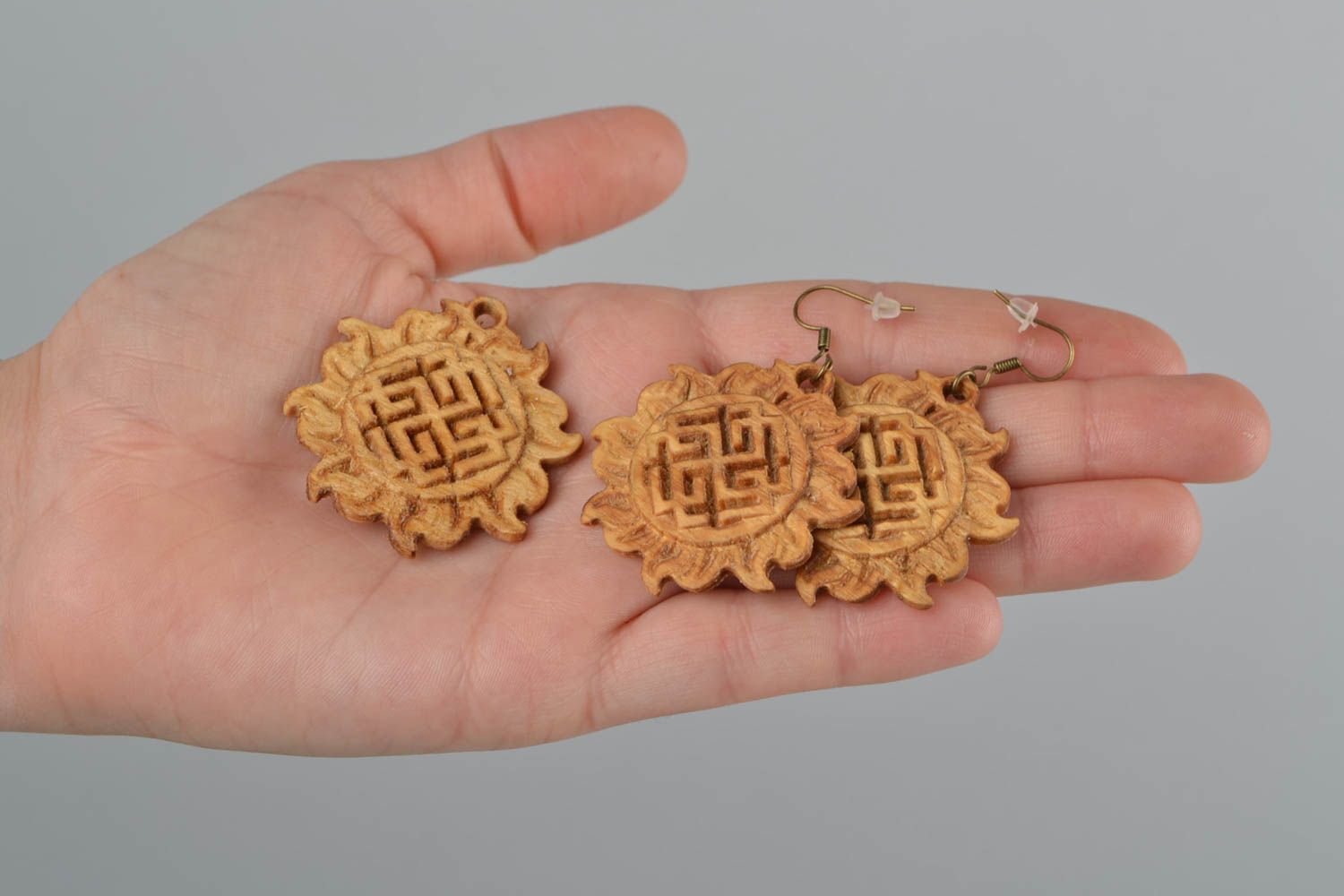 Set of handmade wooden jewelry Slavic protective amulets earrings and pendant photo 2