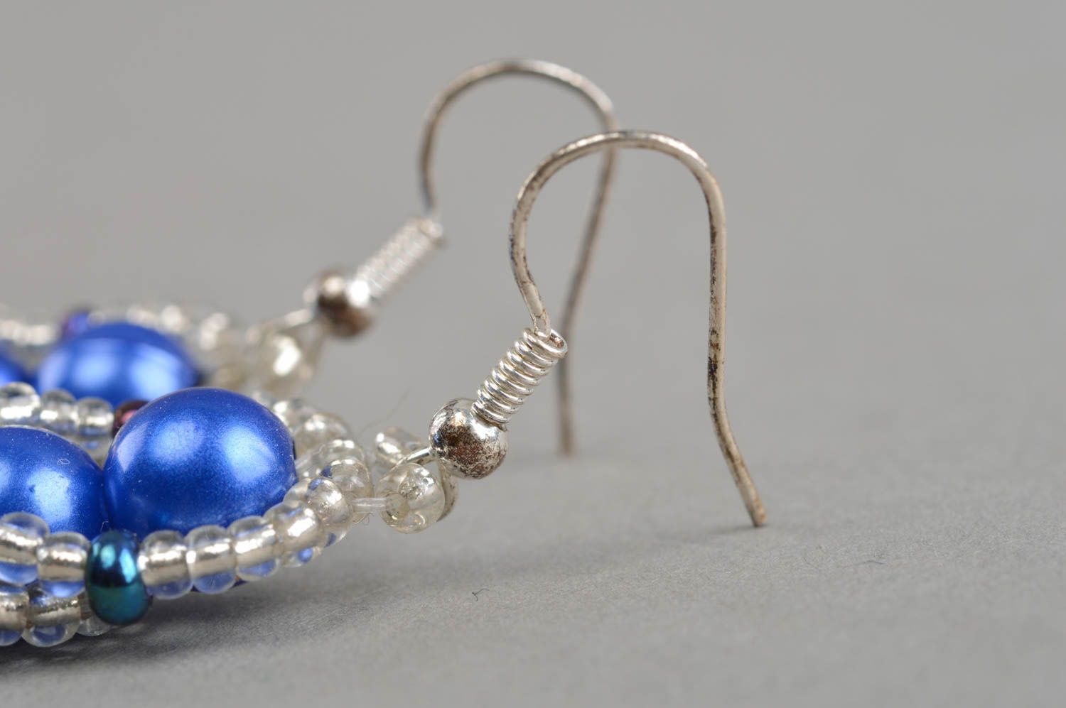 Handmade designer earrings blue beaded accessories stylish woven jewelry photo 4