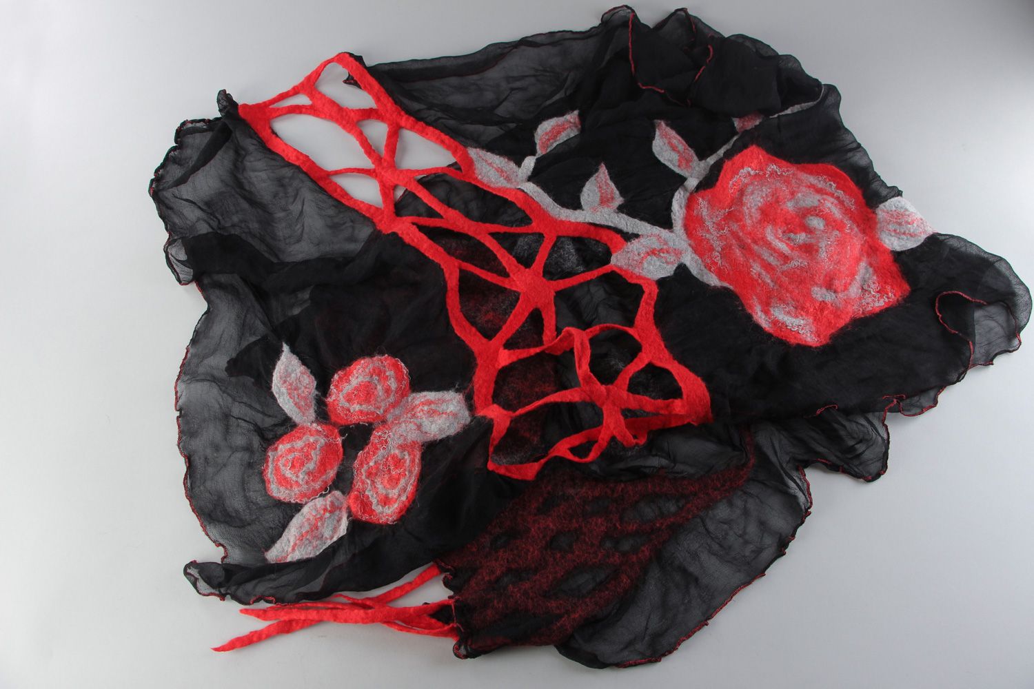 Handmade black silk and chiffon scarf with wool felted flowers photo 1