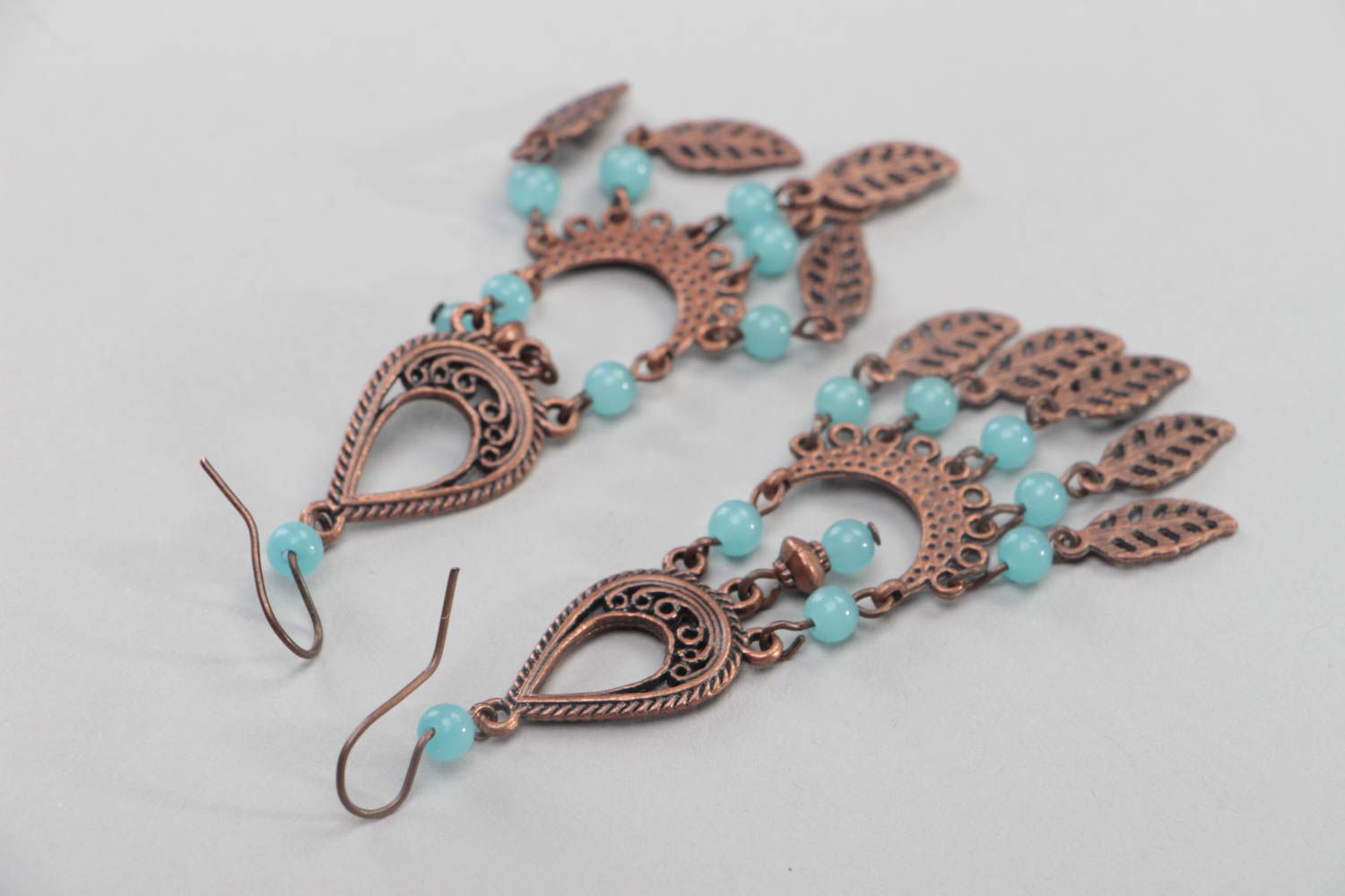 Long handmade earrings copper stylish accessory beaded unusual jewelry photo 4
