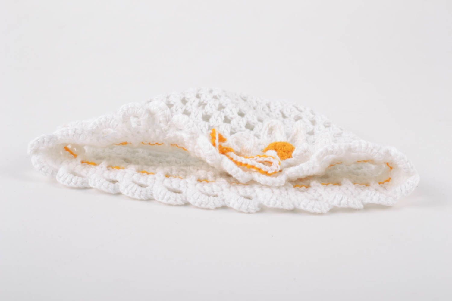 Handmade white lacy hat crocheted of cotton threads with chamomile for baby girl photo 4