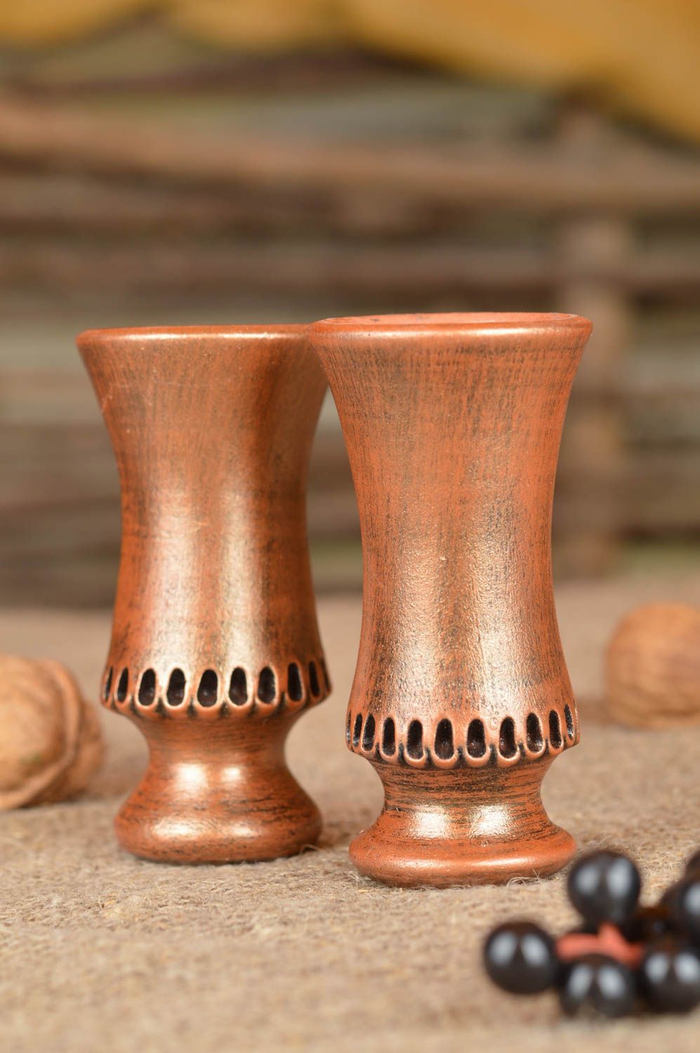 Conjunto de vasos de chupitos de barro artesanales pintados 2 artículos de 50 ml foto 1